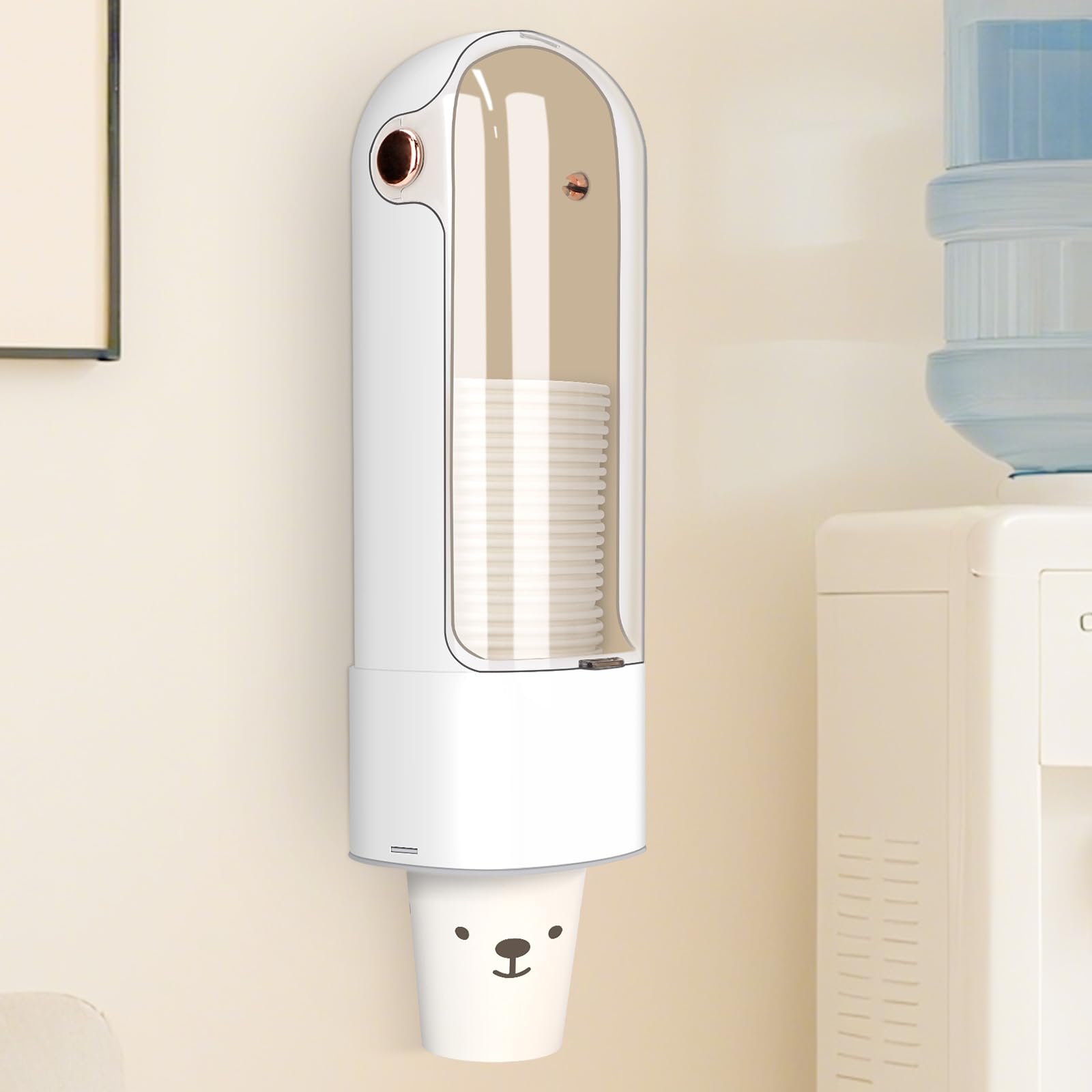 Photo 1 of Cup Dispenser, Disposable Cup Holder for 5-7 oz Paper Cups and Plastic Cups, Wall Mount Water Cooler Cup Holder for Bathroom Office Home Gym, Pull Type Water Cup Dispenser with Clear Window - White