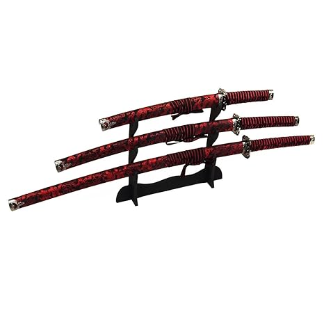 DerShogun Samuraischwert Set Red Dragon Katana Wakizashi Tanto mit Schwertständer