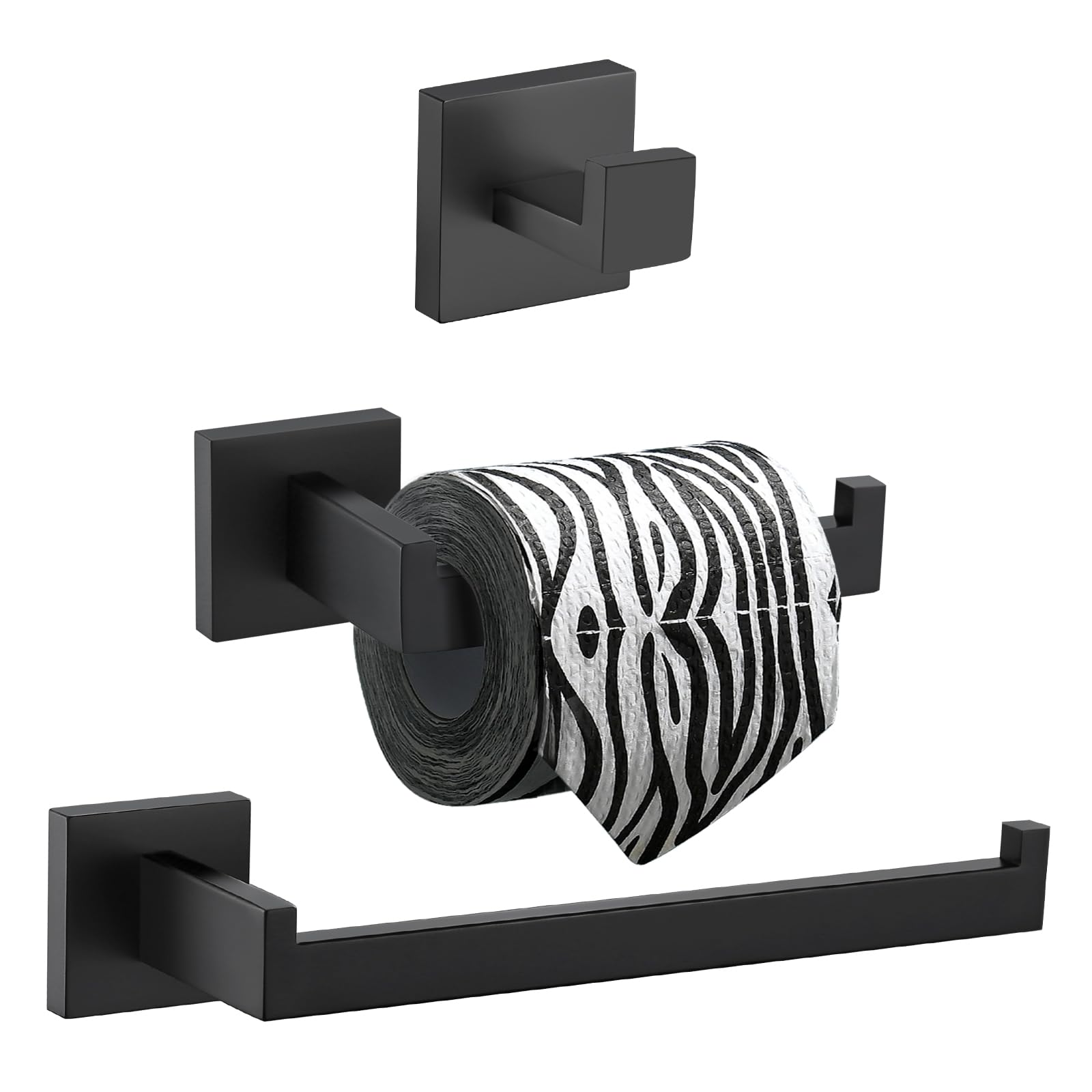 Turs 3-Piece Bathroom Accessory Set SUS 304 Stainless Steel Toilet Paper Holder Towel Bar Robe Hook Wall Mount, Matte Black, Q7010BK