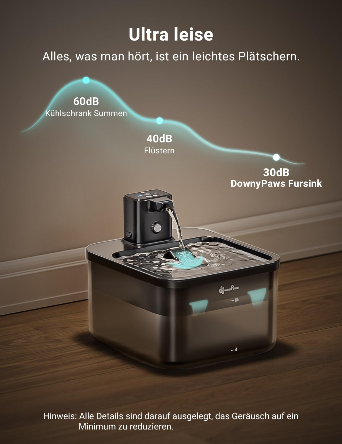 DownyPaws 2.5L Trinkbrunnen für Katze Kabellos, Katzenbrunnen Kabellos mit Bewegungsmelder, Batteriebetrieben Katzentrinkbrunnen, 4000mAh, Leise Wasserpumpe, Tablett aus Edelstahl für Katze, Schwarz 8