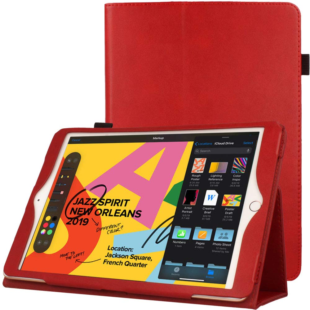 TECHGEAR Leather Case for Apple iPad 10.2" 2021/2020 / 2019 [9th / 8th / 7th Generation] Premium PU Leather Slim Folio Case Cover with Stand, Hand Strap & Auto Sleep/Wake Function [Red]