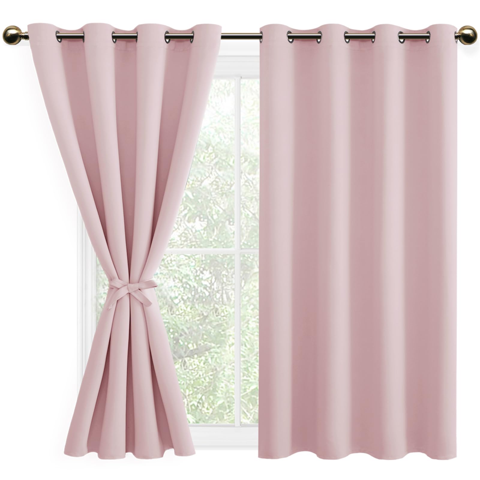 DWCN Blackout Curtains with Tiebacks for Bedroom Thermal Insulated Solid Eyelet Curtains for Living Room,2 Panels,52" Wide x 54" Drop Pink