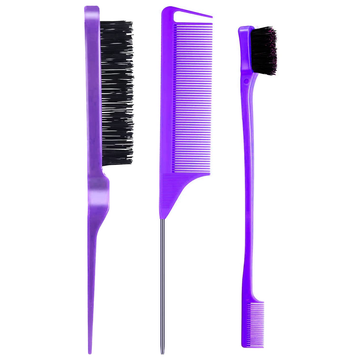 AESIFR 3-Piece Teasing Brush Set - Dual Edge Brush, Sturdy Styling Comb, Carbon Fiber Parting Comb - Purple (For Women, Curly Hair, Hairstylists)