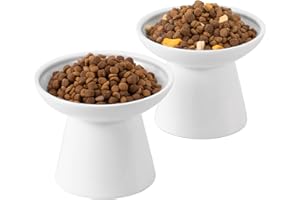 CEEFU Extra Wide Elevated Ceramic Cat Bowl, 6.2" Shallow Dish for Whisker Fatigue Relief, 5" Height for Easy Feeding, Durable Raised Cat Food Bowls, Pack of 2, White