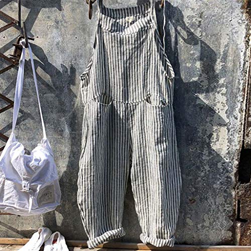 BEAUTYVAN Women Cotton Linen Cropped Pants Overalls Jumpsuits Stripe Poled Distressed Casual Loose Fit (XL, Black)