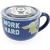 Silver Buffalo Star Wars The Mandalorian Work Hard Nap Harder Baby Yoda Grogu Ceramic Soup Mug With Vented Plastic Lid, 24 Ounces