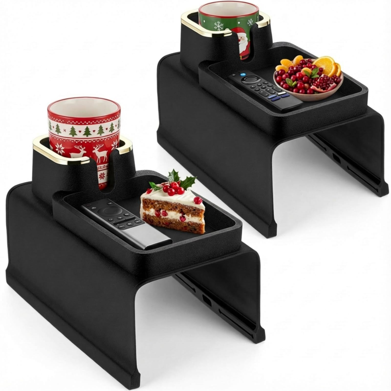 Photo 1 of 2 Pcs Couch Cup Holder Tray Silicone Anti-Spill Anti Slip Sofa Armrest Drink Holder Weighted Couch Caddy Recliner Arm Table for Remote Controls, Phones, Cups and Snacks (Black)