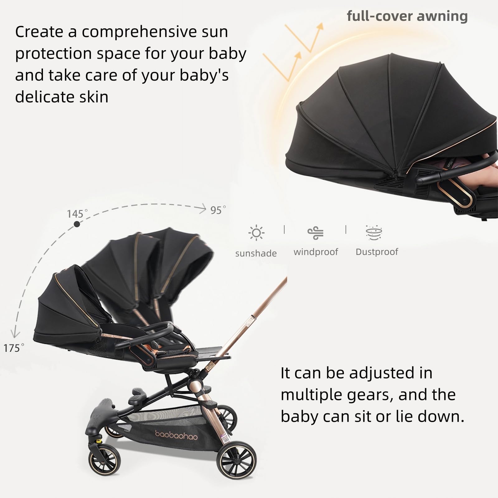 Lightweight Folding Stroller Wagon for Baby & Toddler Travel, 360° Reversible Seat, Adjustable Canopy with Storage Basket, Airplane-Friendly Compact Umbrella Stroller,Glory Black