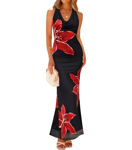 hawaiian dresses for wedding guest One Shoulder Dress: Tropical Floral Beach Gown brides with for tank straps and crew neckline. Women Sleeveless Halter Neck Vintage