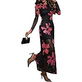 LIGHT DOT Women's Floral Bodycon Maxi Dress Long Sleeve Mesh Ruched Formal Cocktail Dress