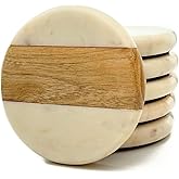Perilla Home Handcrafted Marble Coasters Set of 6 – Round Coasters for Kitchen, Wine Glasses, Mugs & Beer – Absorbent, Durable, and Stylish Drink Coaster Plates (White/Wood)