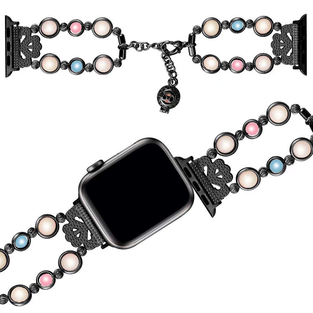 Jewelry Bracelet Compatible with Apple Watch Band Strap Wristband Handmade 42mm/44mm Iwatch Series 5/4/3/2/1, with Night Luminous watchband, Perfume/Oil Storage for Women & Girls 6.3-7.9 inch (Black)