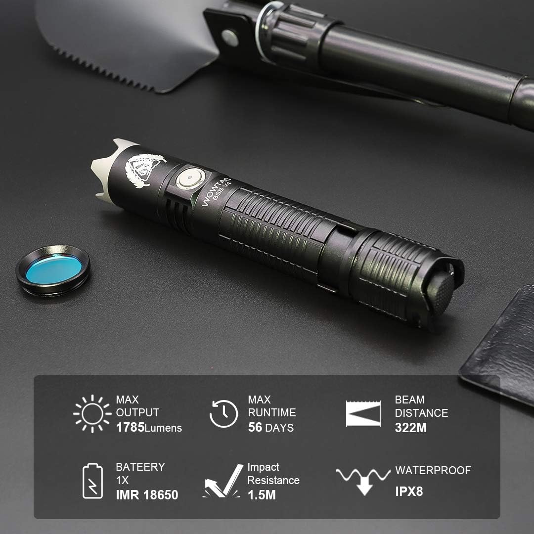 WOWTAC BSS V4 Tactical LED Flashlight, strike bezel, Super Bright 1785 Lumens Rechargeable EDC Flashlight, Waterproof IPX8 Portable Outdoor Handheld Light for Camping Hiking Emergency Self-protect- CW - - 