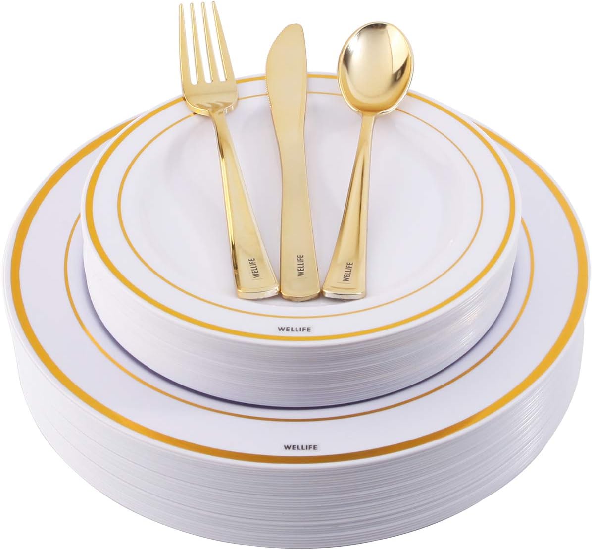 Amazon 125 Piece Gold Plastic Cutlery&Elegant Plastic Plates