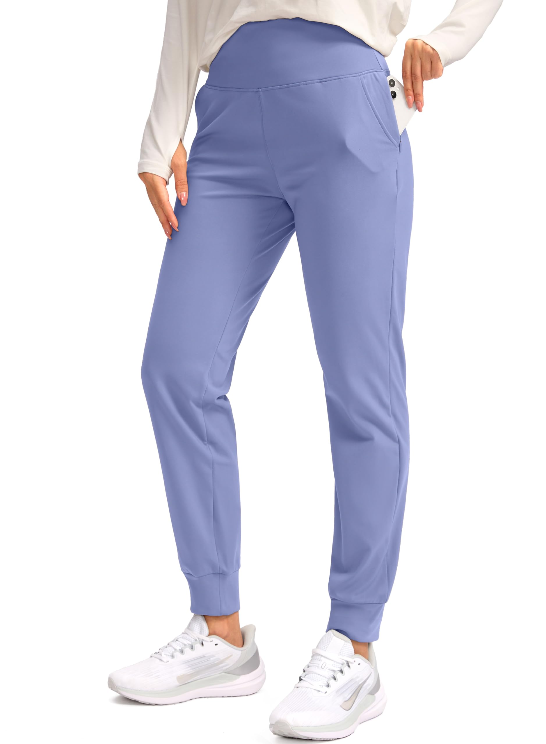 SANTINY Women's Fleece Lined Joggers Water Resistant High Waisted Thermal Sweatpants Winter Pants Hiking Running Pockets(Light Blue_S) Image