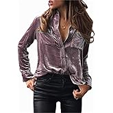 Chvity Velvet Tops for Women Vintage Long Sleeve Button Down Shirts Blouse for Pocket