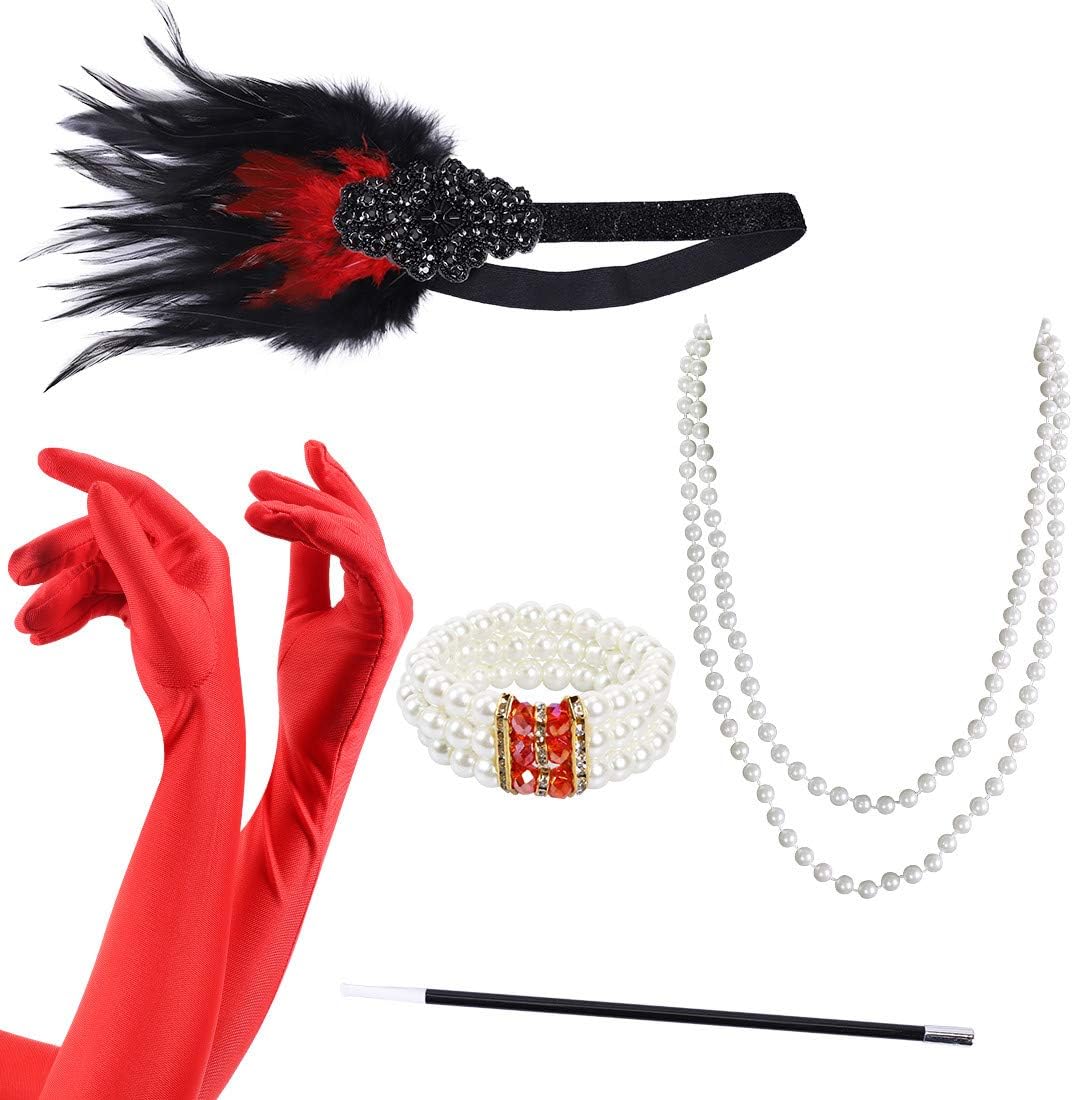 Garma 1920S Accessories Set for Women Flapper Costume Headpiece Gloves Necklace (5 Set Style 3)