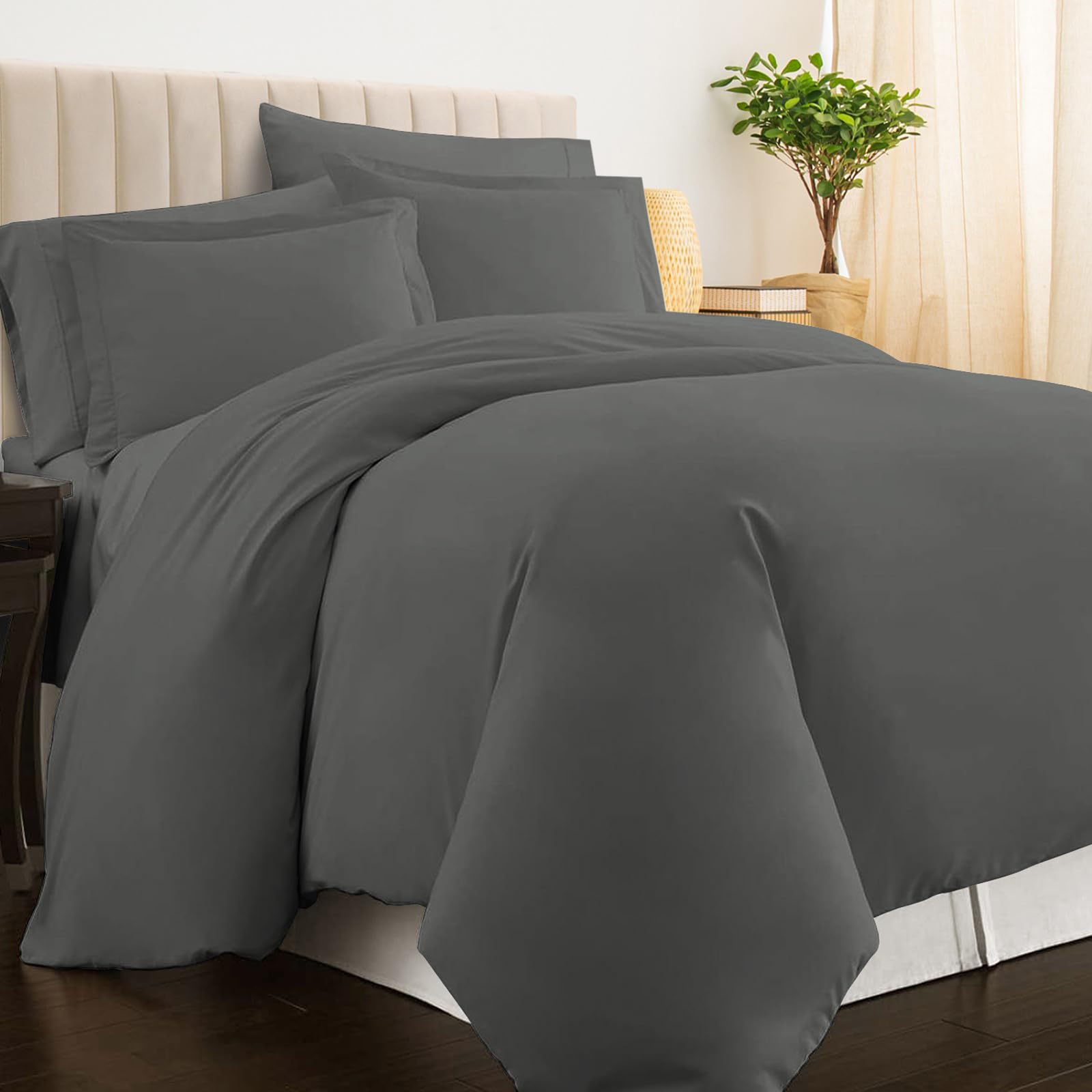 Pizuna 100% Cotton Double Duvet Cover Set Dark Grey, 400 Thread Count Long Staple Cotton Duvet Cover 200x200cm, Sateen Weave Quilt Cover with Button Closure (Double Duvet Cover Cotton) — image 1