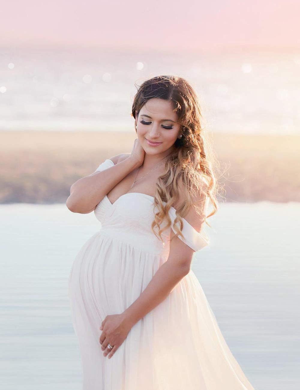 JustVH Maternity Dress for Photography Off Shoulder Chiffon Gown Split Front Maxi Pregnancy Dresses for Photoshoot at  Women’s Clothing store