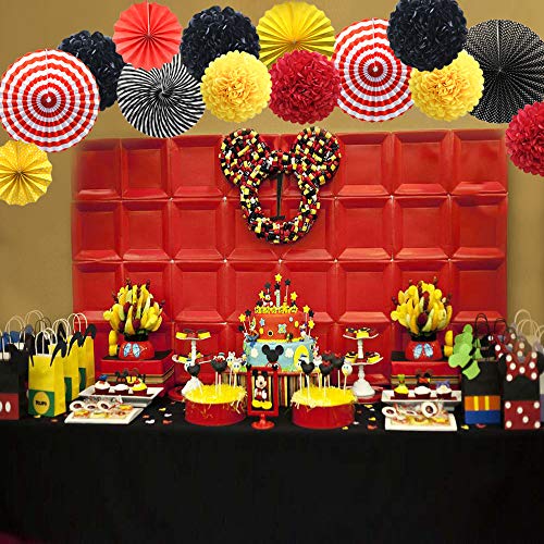 Red Yellow Black Hanging Paper Party Decorations, Round Paper Fans Set