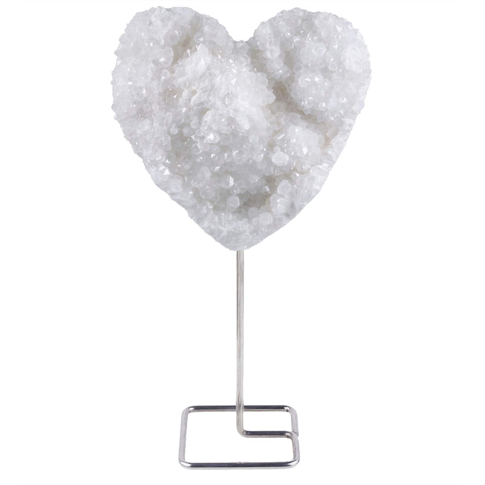 mookaitedecor Natural Clear Quartz Crystal Heart Specimen with Stainless Steel Stand, Raw Crystal Cluster Love Heart Ornament Stone Home Decor Rock and Mineral White Reiki Healing Crystal Gift