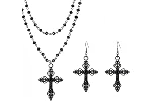 Balirek Gothic Cross Necklace, Earrings, Moon Earrings, Black Cross Pendant Choker, Crystal Chain Halloween Jewelry Set for Woman