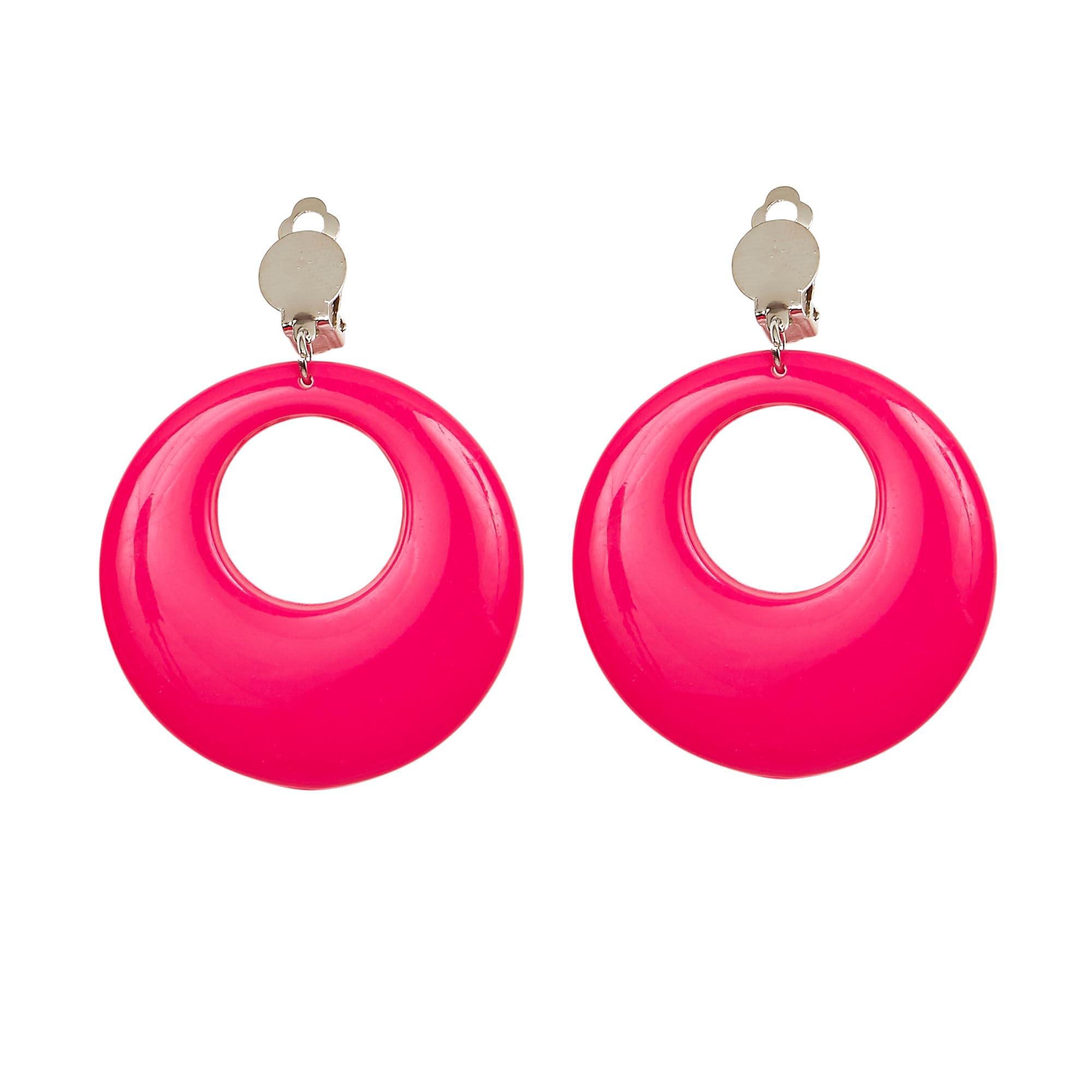 Widmann 05839 - Pair of Earrings for Adults Women, 80s, Disco, Neon, Carnival, Theme Parties, Fluorescent Pink Color — image 1