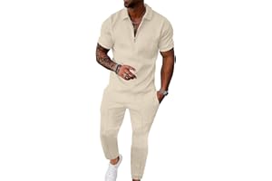 UOUA Men's 2 Piece Set Sweatsuit Short Sleeve 1/4 Zip Polo & Pants Athletic Casual Tracksuit Loungewear