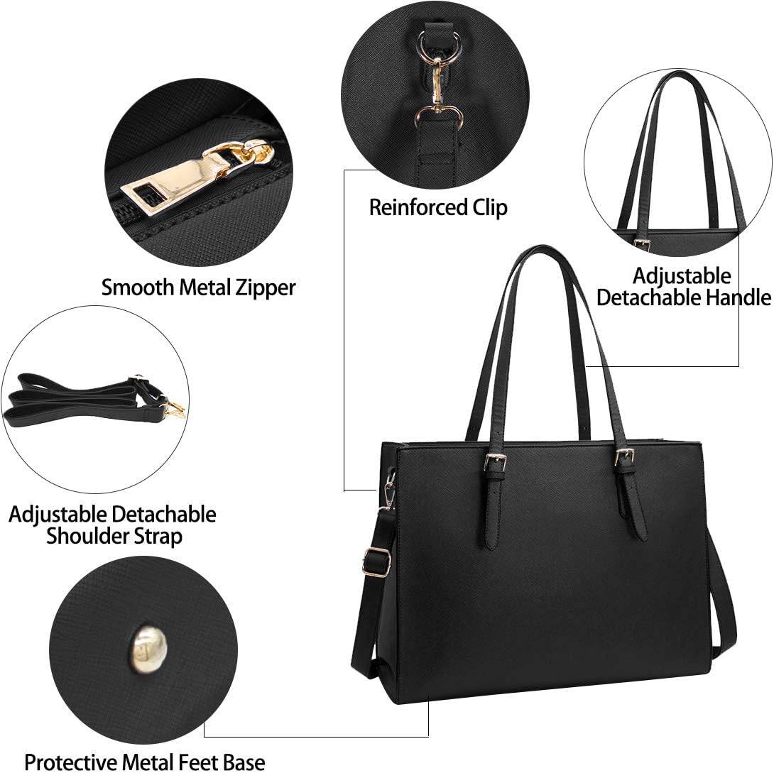 Laptop Bag for Women Waterproof Lightweight Leather 15.6 Inch Computer Tote Bag Business Office Briefcase Large Capacity Handbag Shoulder Bag Professional Office Work Bag Black: Electronics