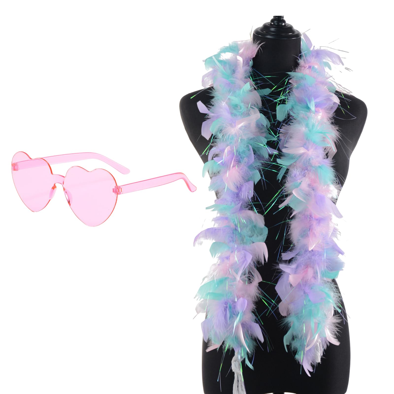 CYCFMYYLY 2 PCS Feather Boa Set, Feather Boas, Multicoloured Feather Boa for Prom, Wedding Party, Role Play, Carnival, Halloween Accessories for Women, with Pink Heart Glasses