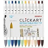 Zebra ClickArt Retractable Marker Pen - Water-based, Felt Tip Pens 0.6mm Fine tip, Assorted Neutral Colors, Pack of 12