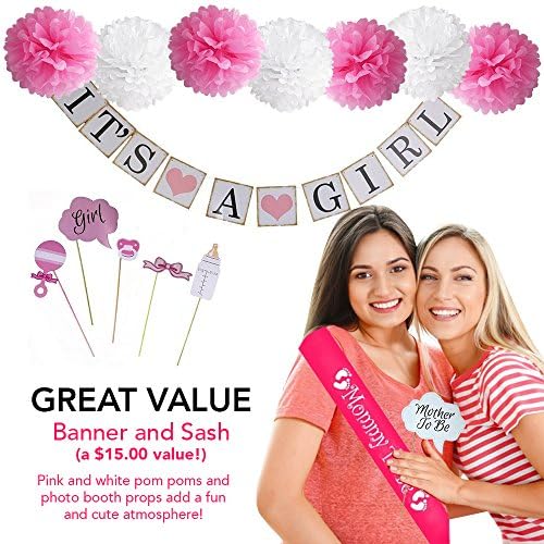 Baby Shower Decorations For Girl: It’s A Girl Banner, Mommy To Be Sash, Pink And White Pom Poms, Photo Booth Props, Indoor, Outdoor, Cute Party Supplies