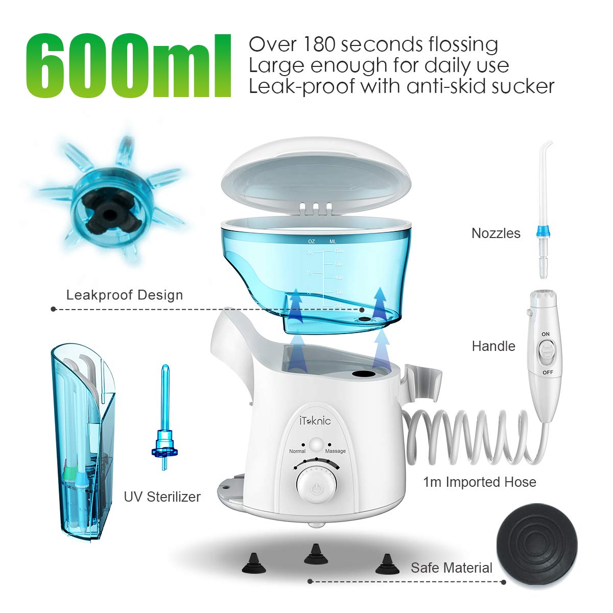 iTeknic Water Flosser UV Sterilizer Family Electric Dental Oral Water Irrigator for Teeth Clean with 2 Modes, 7 Jet Tips, 600ml Water Tank, 5 Adjustable Pressure