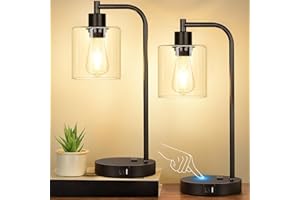 NINTIUE Set of 2 Industrial Touch Control Table Lamps with USB C+A Ports and AC Outlet - 3-Way Dimmable Black Bedside Lamps Nightstand Desk Lamps for Bedroom Living Room, Glass Shade & 2 LED Bulbs Included
