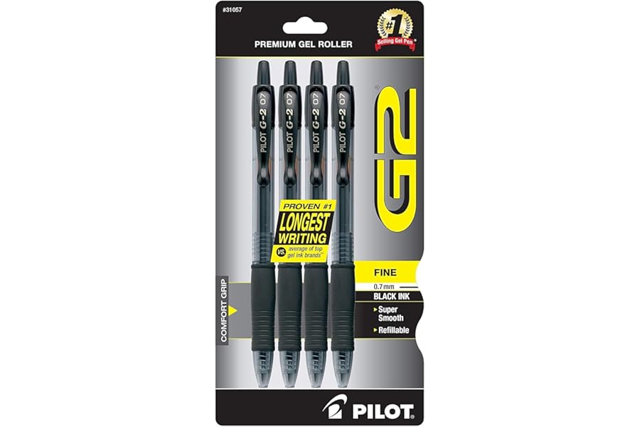 Pilot G2 Pens, Premium Refillable and Retractable Rolling Ball Gel Pens, Fine Point, 0.7mm, Black Ink, 4-Pack