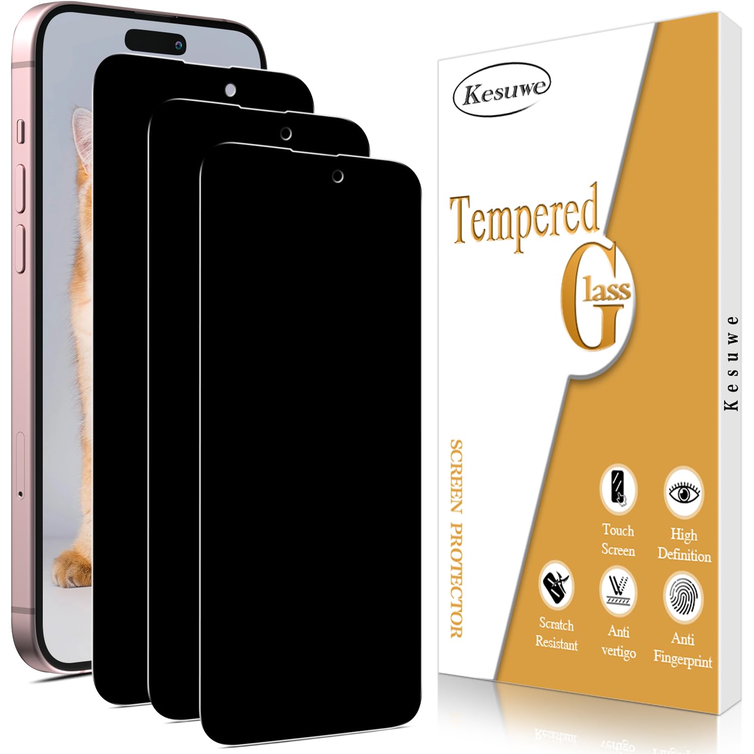 Kesuwe [3 Pack] Privacy Screen Protector for iPhone 16 Tempered Glass, Anti Spy, Anti Scratch, HD Clear, Case Friendly, Easy Installation, Bubble Free