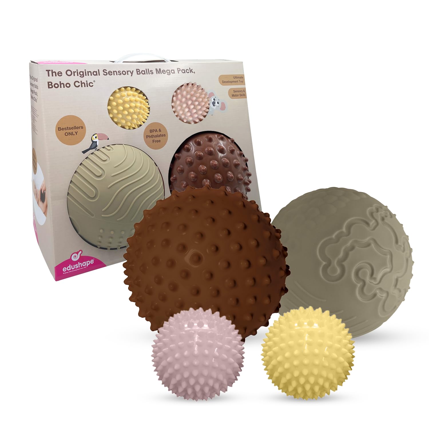 Edushape The Original Sensory Balls for Baby, Boho Chic Mega Pack - Assorted Balls That Help Enhance Gross Motor Skills for Kids Aged 6 Months & Up - Set of 4 Vibrant Unique Toddler Ball for Baby