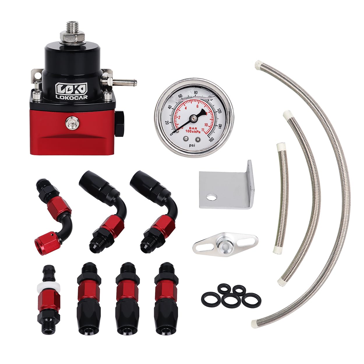 Photo 1 of LokoCar Adjustable Fuel Pressure Regulator Kit Oil 20-80psi Gauge 6AN Return Adjustable Red