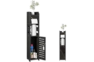 Doxo Small Narrow Bathroom Storage Cabinet with Doors and Shelves, Toilet Paper Holder, Waterproof Toilet Paper Storage Organizer, Black