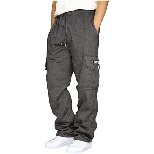 Vividcrate Baggy Cargo Sweatpants for Men Elastic Waist Drawstring Wide Leg Breathable Loose Fit with Pockets