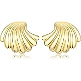 CERSLIMO Seashell Stud Earrings for Women, 14k Gold Plated Seashore Nautical Chunky Earrings Sea Life Beach Summer Jewelry