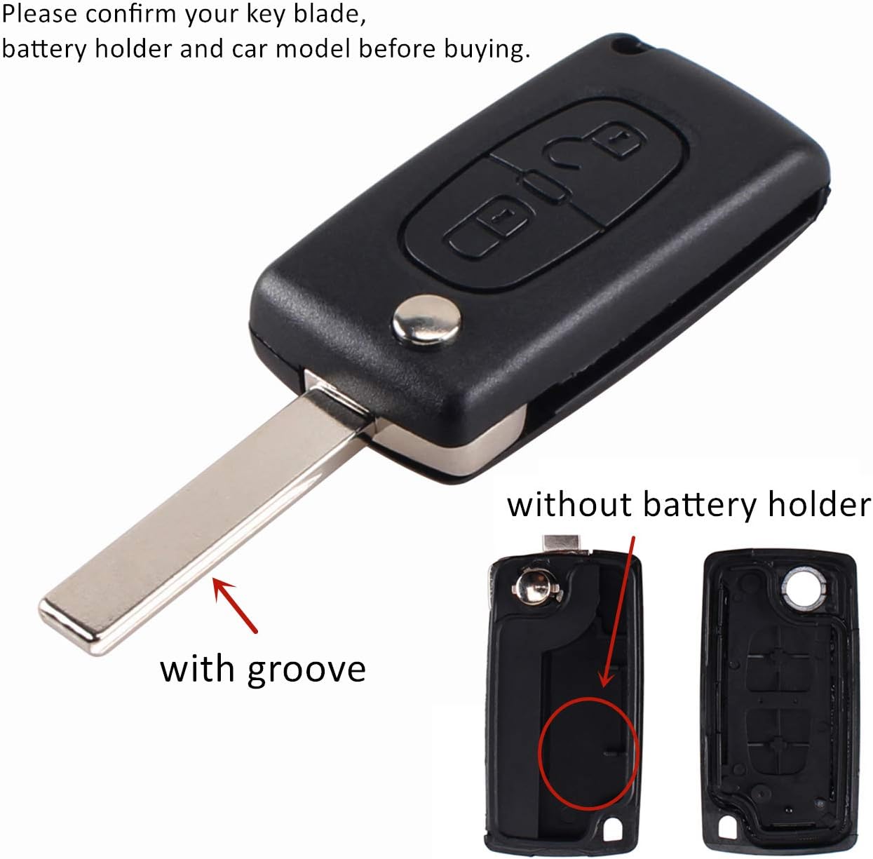 Heart Horse 2 Button Flip Key Shell Fob Compatible with Peugeot 107 207 307 307S 308 407 607 2BT Citr-oen C2 C3 C4 C5 C6 C8 Xsara CE0523 Car Remote Key Cases (with Groove without Battery Holder) - Image 3