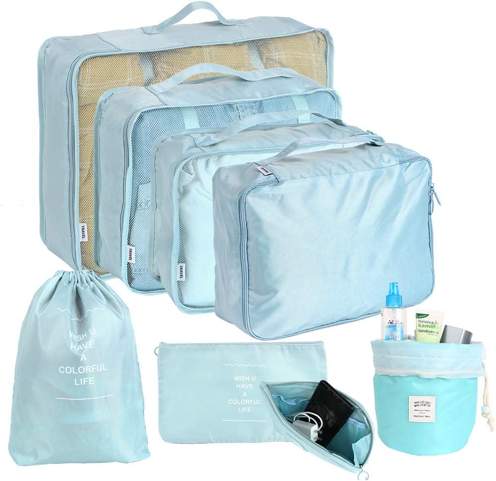 QYONLINE Packing Cubes 8 Sets Travel Luggage Organizers, Portable Waterproof Storage Bag Compression Pouches (Blue)