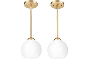 Emak Gold Pendant Light Fixtures, 7 Inch Globe Pendant Lights with Milk Glass Shade, 1-Light Hanging Lights for Kitchen Island, Bathroom, Dining Room, Bedroom, 2 Pack, PL119-GD-ML-2PK