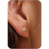 Plenky Gold Earrings-14K Gold Plated Flower Earrings Dainty Birthstone Cubic Zirconia Studs Flower Earrings for Women Birthday Gift for Her