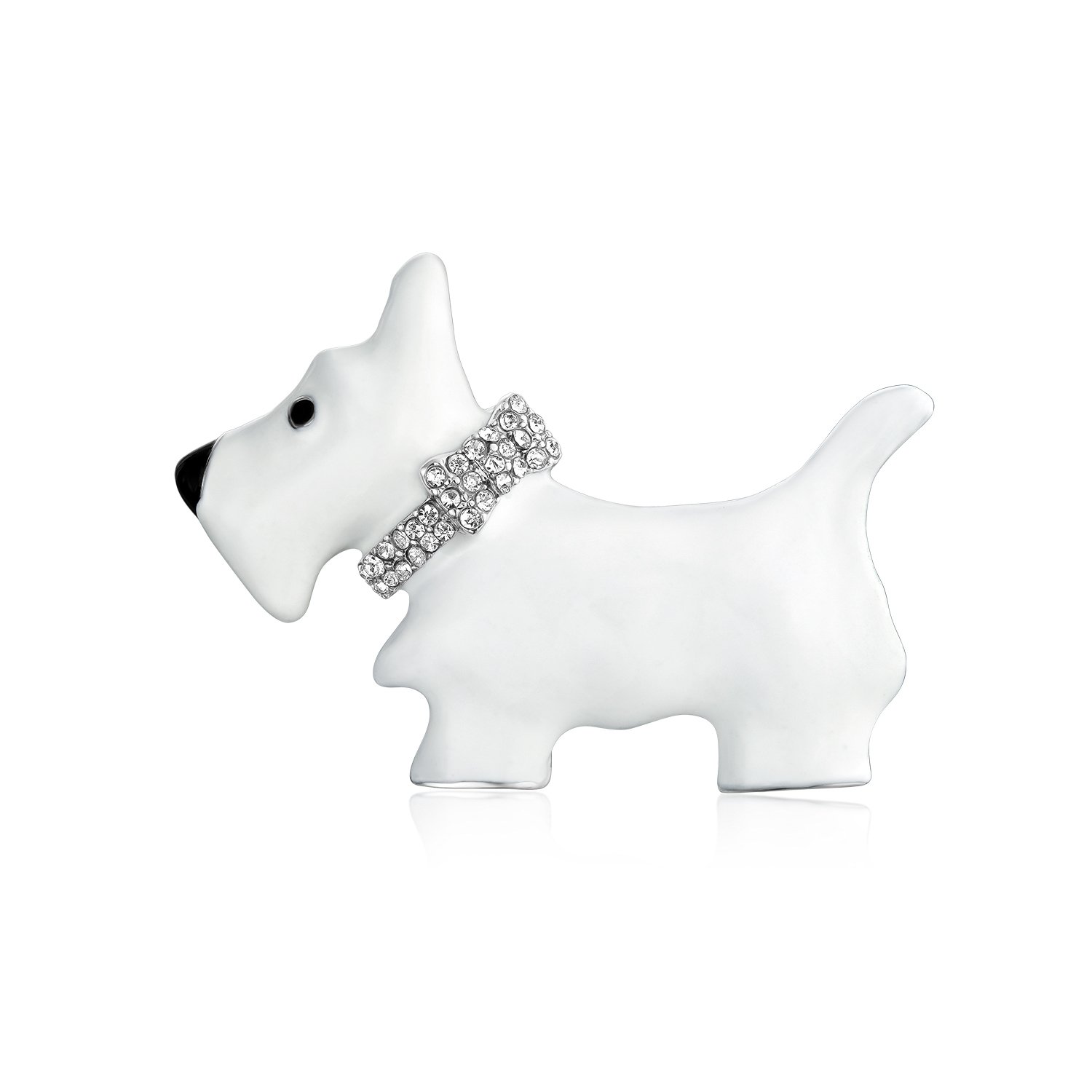 Large Statement White Westie Scottie Terri Dog Pet Animal Scarf Brooch Pin For Women Clear Crystal Collar Silver Tone Rhodium Plated 1.3 Inch
