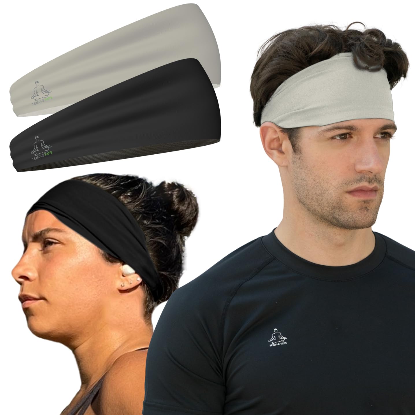 Temple Tape, Value 2-Pack, Mens Headband - Guys Sports Headbands Moisture Wicking Workout Sweatbands for Running, Cross Training, Skiing and Bike Helmet Friendly - 1-Black & 1-Gray Sweatband
