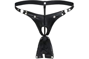 iEFiEL Men's Black Leather Bikini G-String Thong Lingerie with Buckle Pouch
