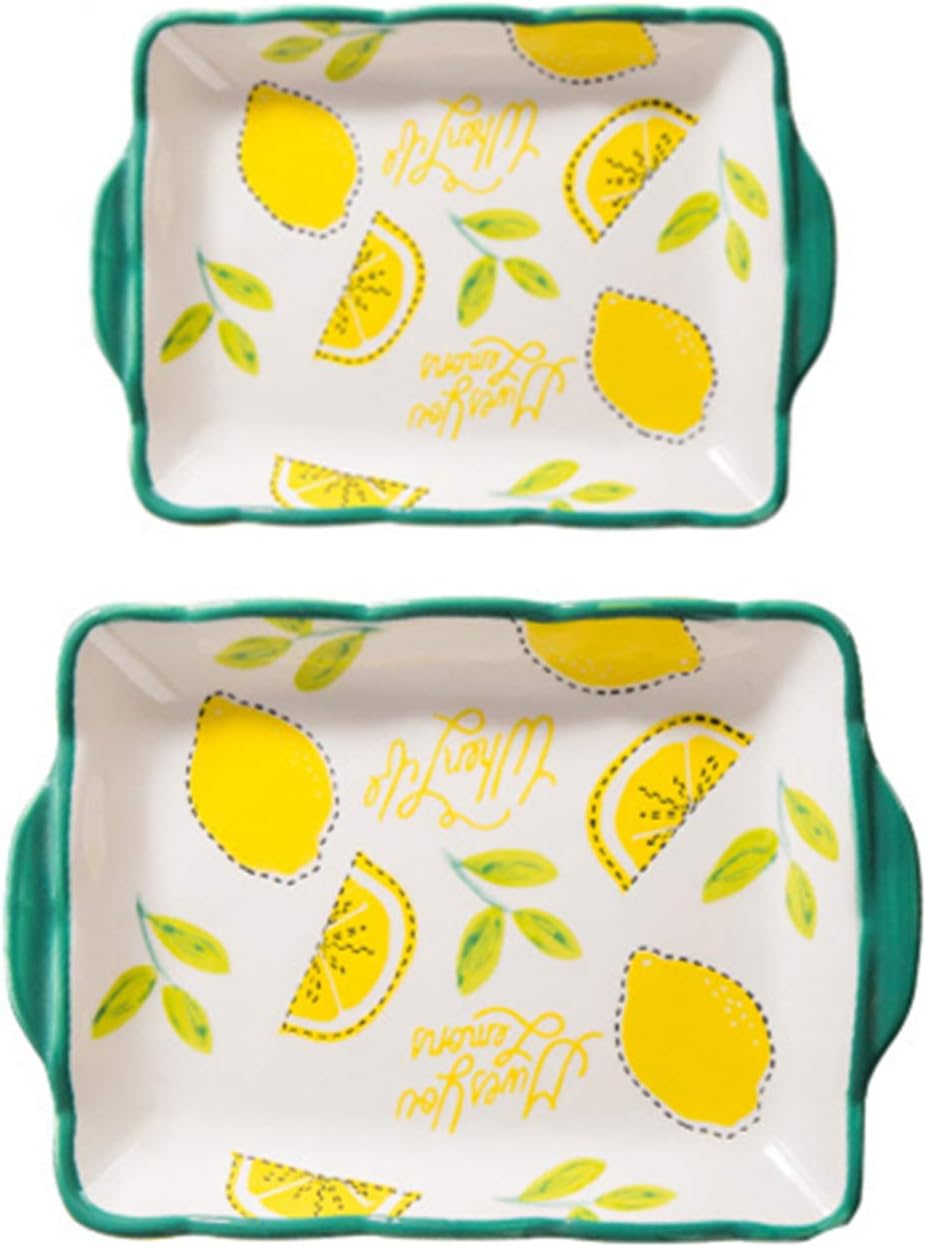 Ceramic Rectangular Serving Platter, Set of 2, for Serving Salad, Pasta, Cheese, Ham, Appetizer, Microwave & Dishwasher Safe, House Warming Birthday Anniversary Gift (Lemon)