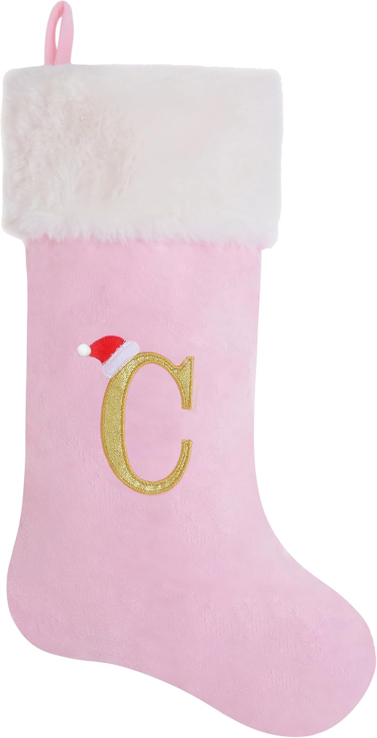 Stockings & Holders - AUAWMLK 20-Inch Letter Embroidered Christmas Stocking Thick and Luxurious Pink Velvet with Super Soft Plush Cuff Personalized Festival Decoration for Xmas and New Year Party(Letter C)